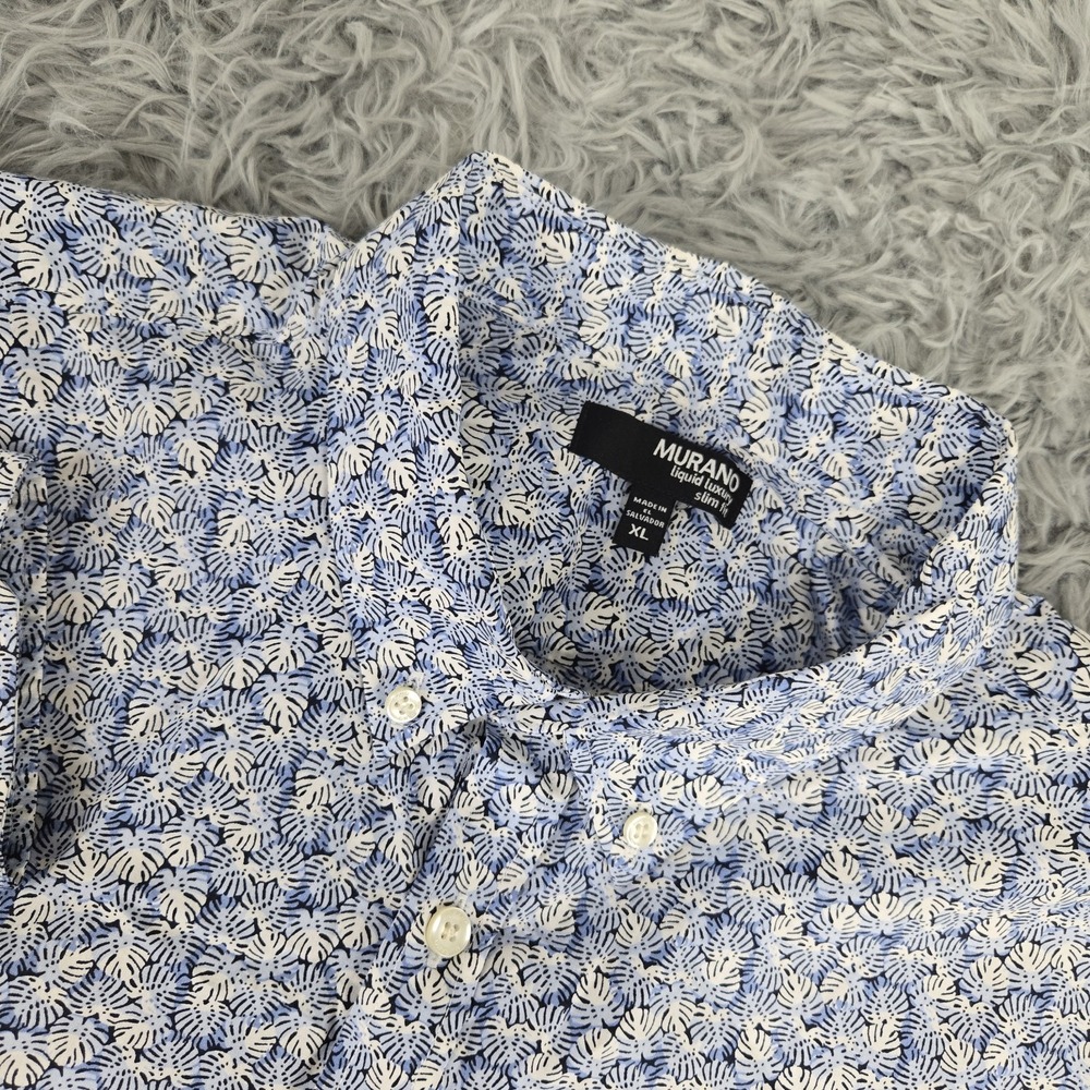Murano Liquid Luxury Mens XL Blue Monstera Leaf L/S Slim Fit Button Front Shirt